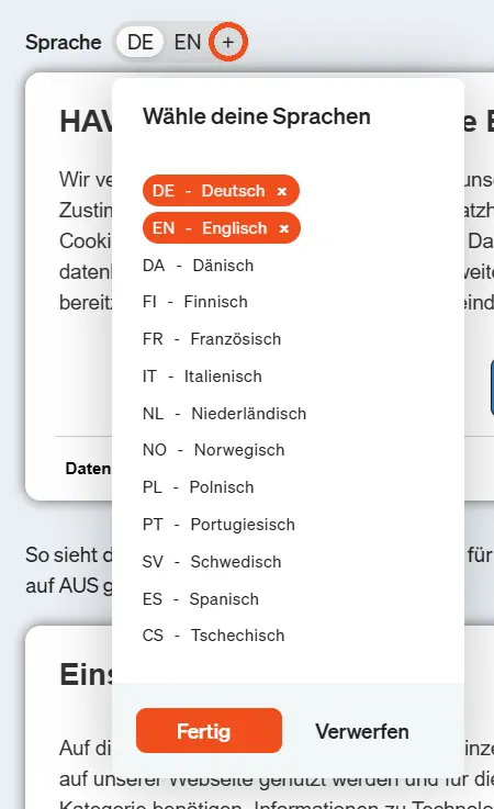 Über den Sprachschalter kannst du zwischen den zuvor selektierten Sprachen hin und her switchen