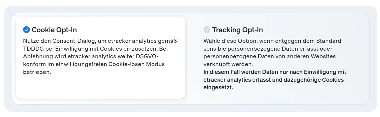 Hier kannst du die Art der Einwilligung einstellen, die du mit dem etracker consent manager einholen möchtest