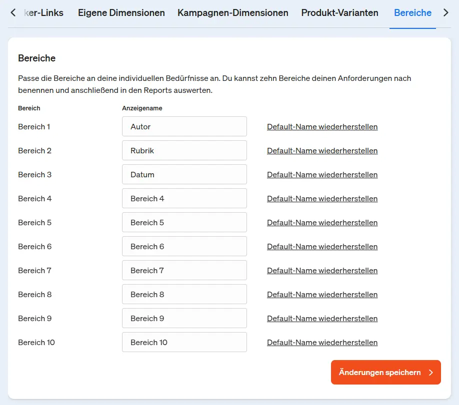 Screenshot Bereiche in etracker analytics anpassen