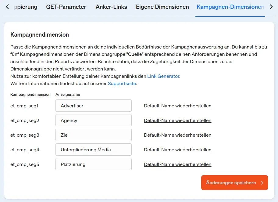 Screenshot Kampagnen-Dimensionen in etracker analytics anpassen