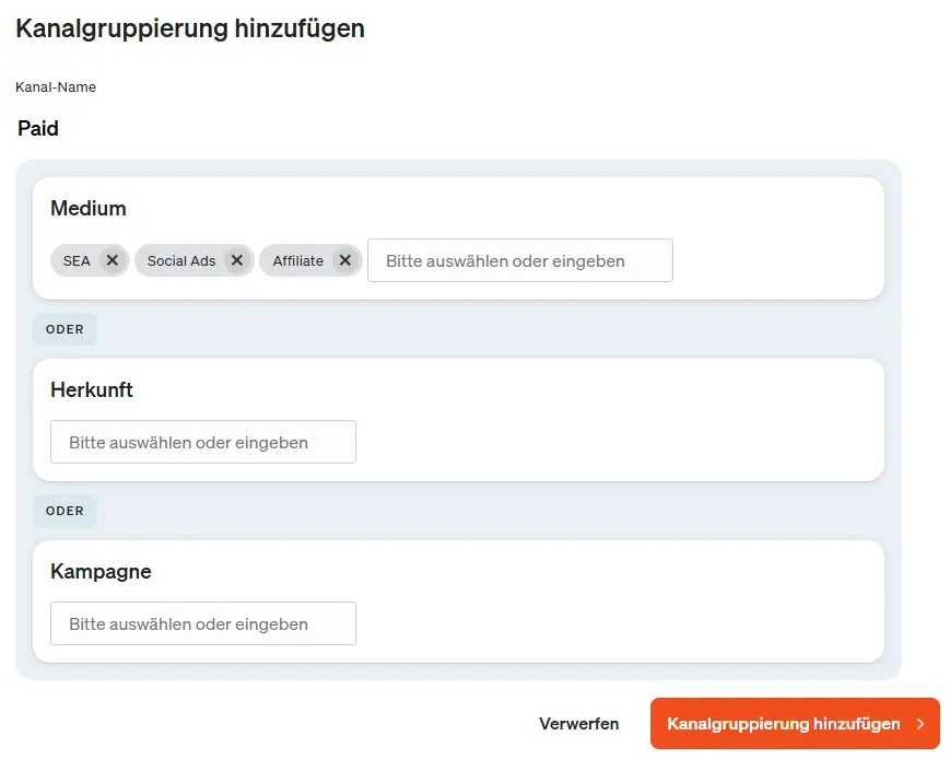 Screenshot Kanalgruppierung hinzufügen in etracker analytics