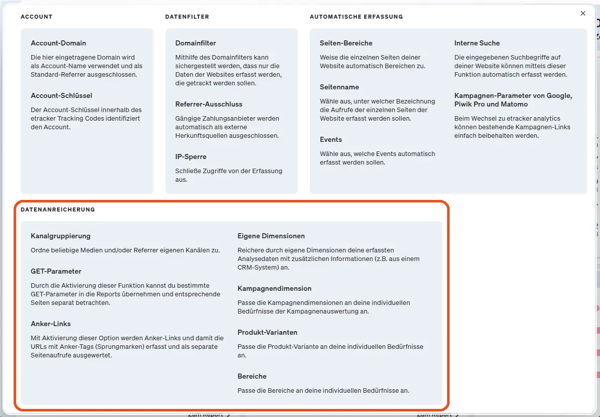 Screenshot des Menüs für die Datenanreicherung in etracker analytics