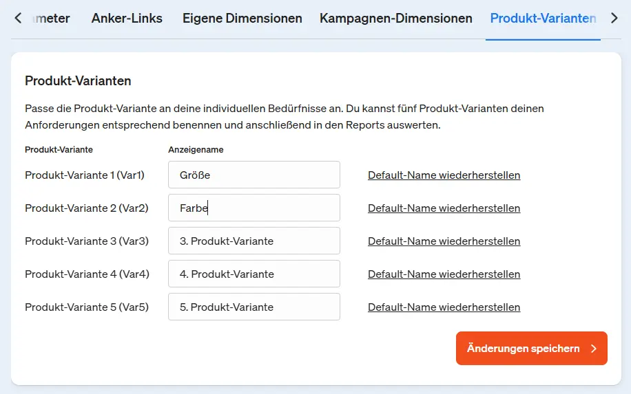 Screenshot Produkt-Varianten in etracker analytics anpassen