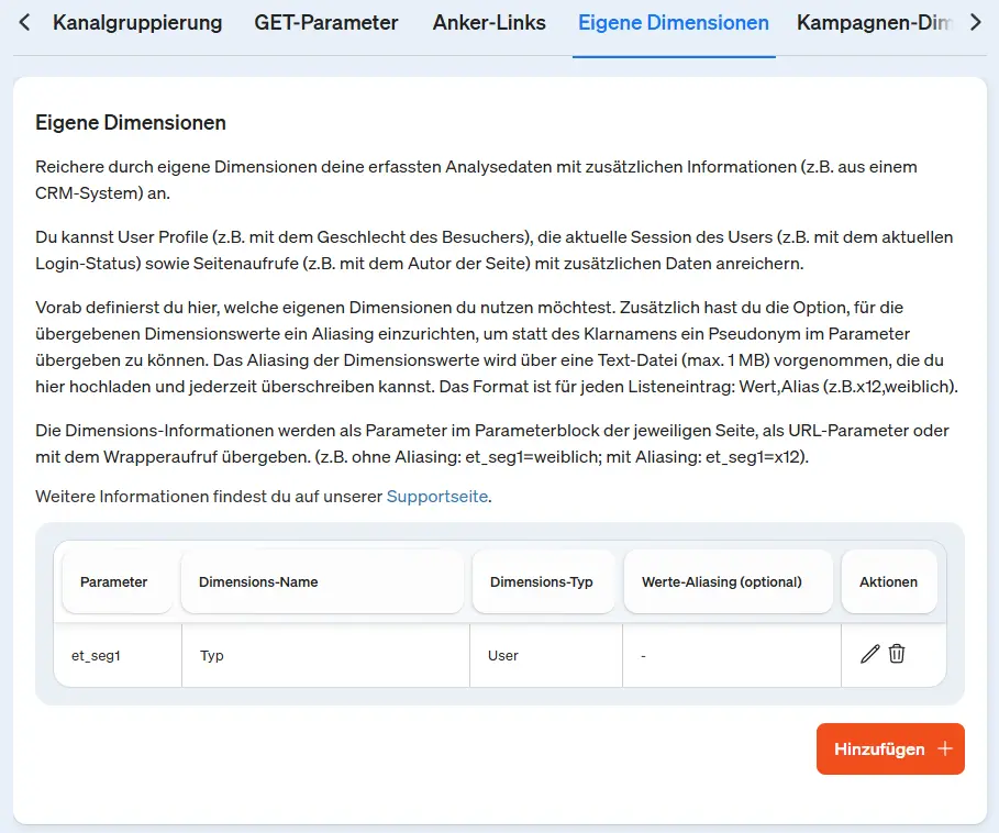 Screenshot eigene Dimensionen in etracker analytics anlegen