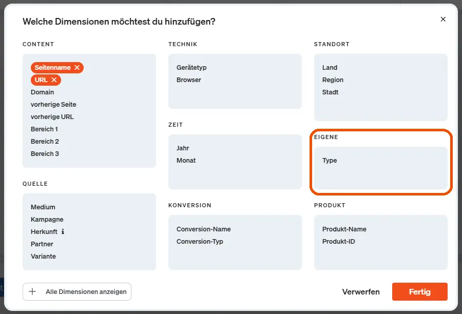 SCreenshot eigene Dimension zm Report hinzufügen
