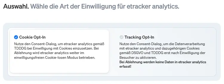 Hier kannst du die Art der Einwilligung einstellen, die du mit dem etracker consent manager einholen möchtest