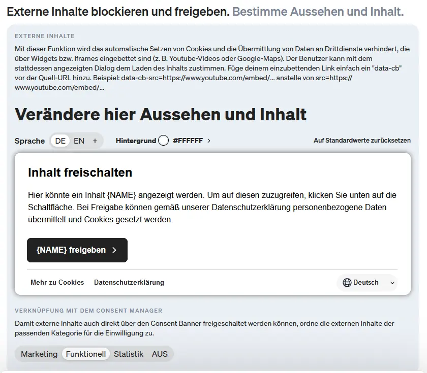 Auch das Design für die Einholung der Freigabe für externe Inhalte kann ganz einfach konfiguriert werden