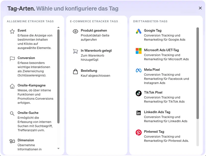 Screenshot Drittanbieter Tags in etracker analytics