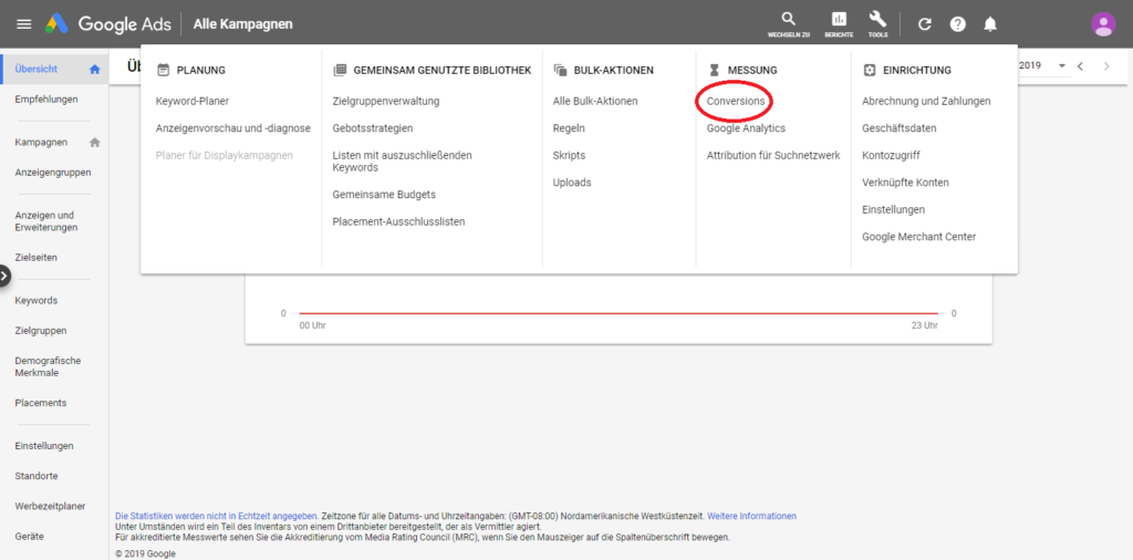 Gehe in Google Ads unter Messung zu Conversions
