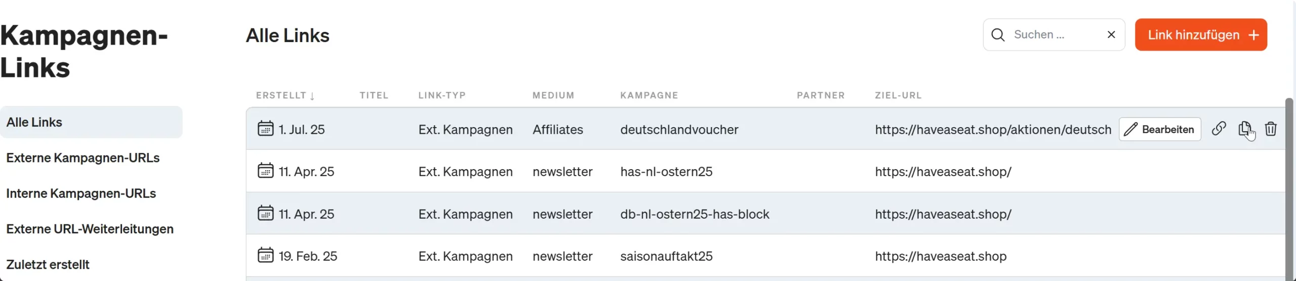 Screenshot etracker analytics Applikation Übersicht alle Kampagnen-Links