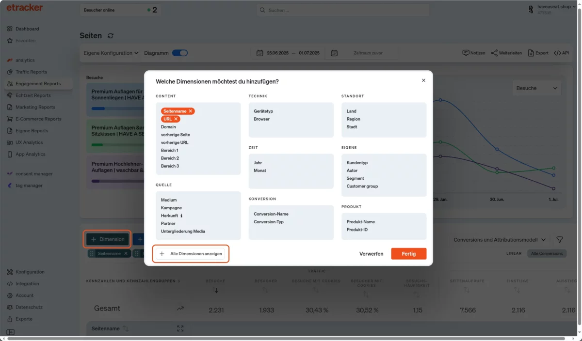etracker analytics Dimension zum Report hinzufügen