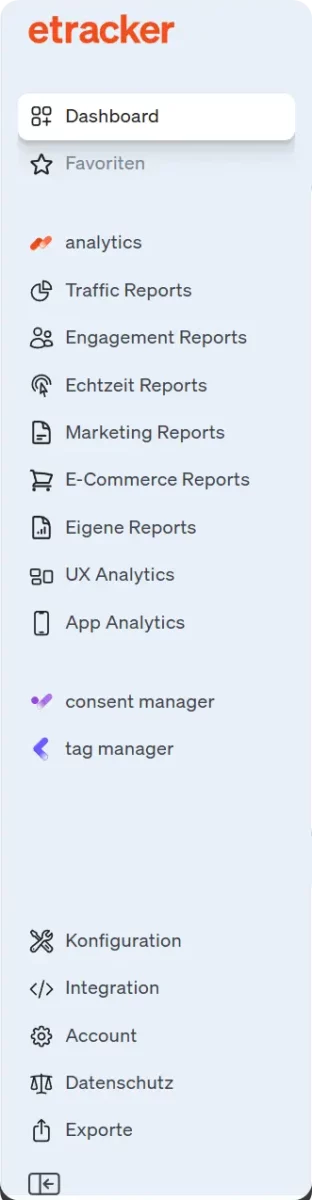 Screenshot etracker analytics Menü linke Seite