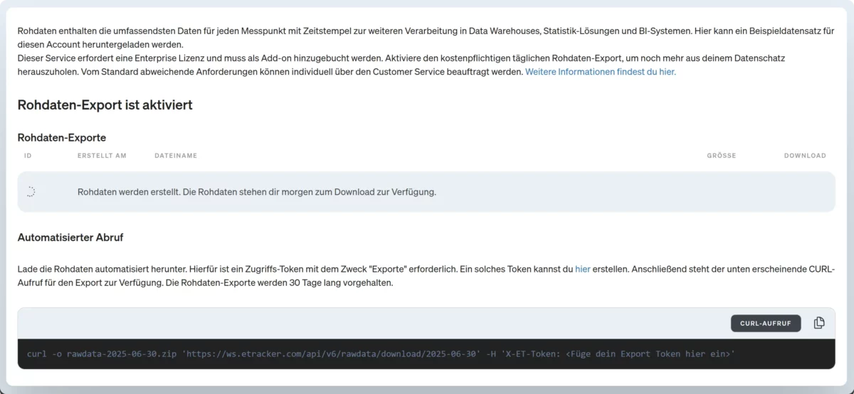 Rohdaten-Export in etracker analytics aktivieren