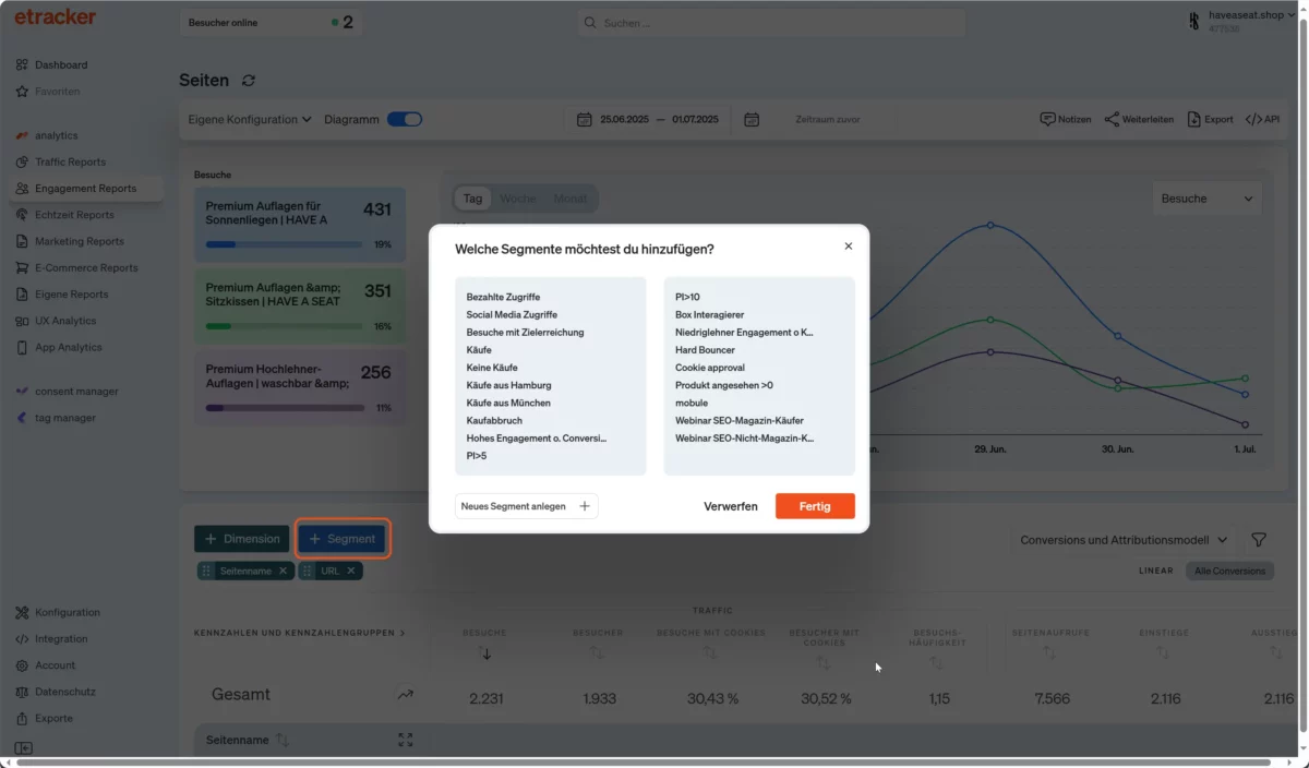 Segmente in etracker analytics auswählen