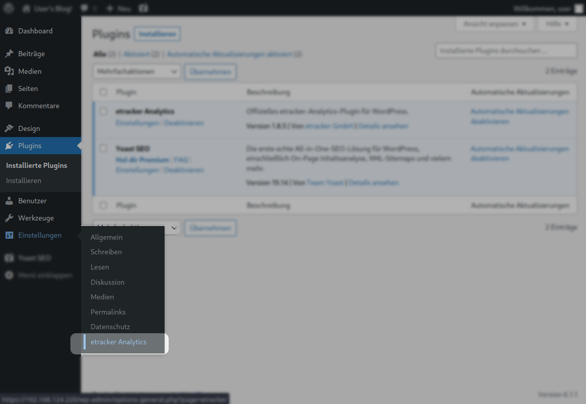 etracker analytics WordPress Plugin Einstellungen öffnen