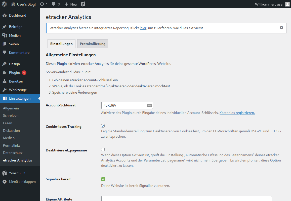 etracker analytics WordPress plugin account key