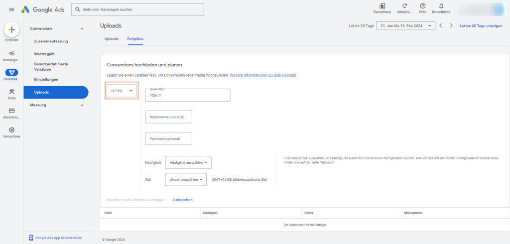 Google Ads Conversion Upload einrichtenund HTTPS auswählen