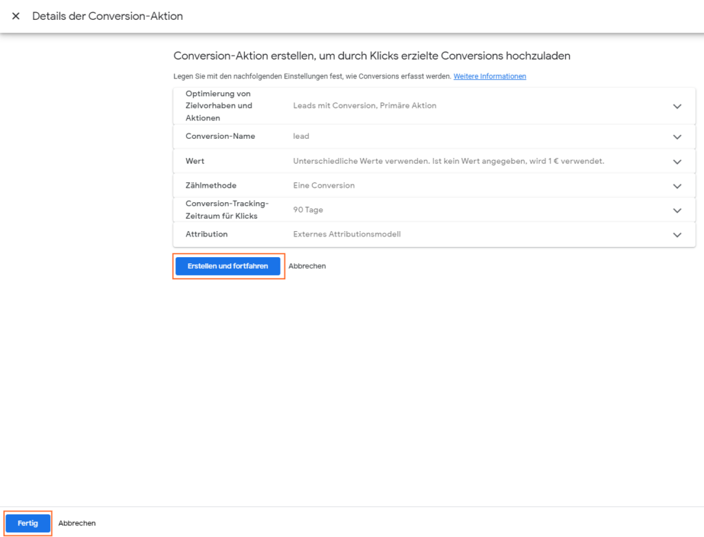 Google Ads Conversion-Aktion erstellen, um durch Klicks erzielte Conversions hochzuladen 