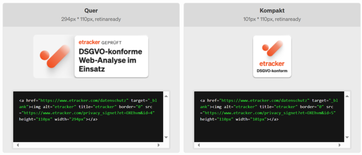 Mit unserem Datenschutz-Signet kannst du auf deiner Website zeigen, dass eine DSGVO-konforme Web-Analyse im Einsatz ist.