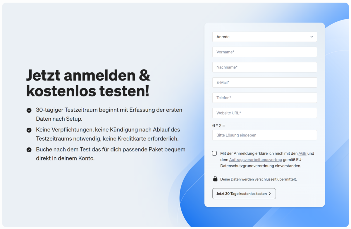 Hier kannst du dir einen kostenlosen etracker analytics Test-Account anlegen