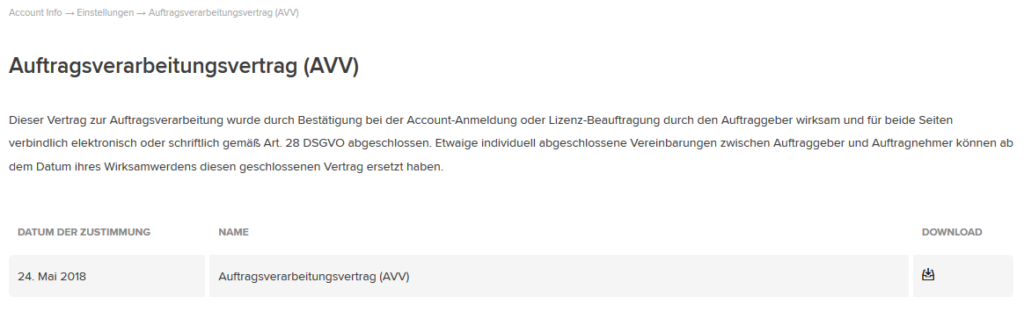Den mit etracker geschlossenen Auftragsverarbeitungsvertrag (AVV)  ist bei uns in der Applikation hinterlegt