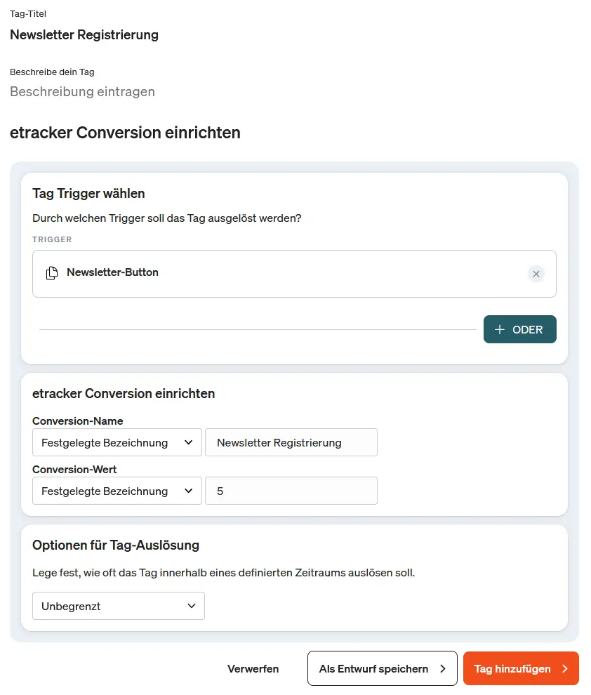 Screenshot etracker tag manager Conversion Tag einrichten