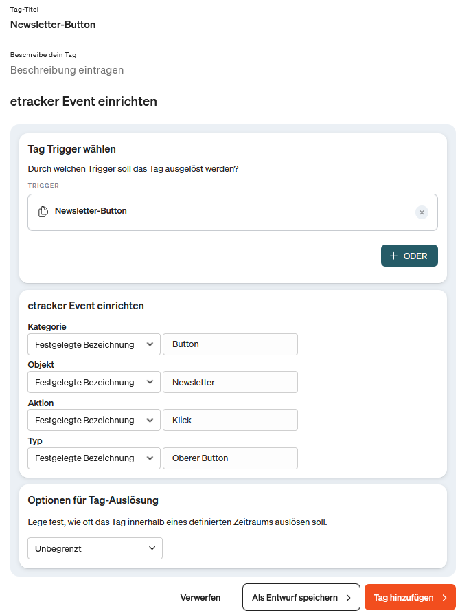 Screenshot etracker tag manager Event Tag einrichten