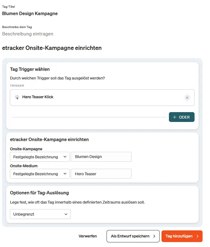 Screenshot etracker tag manager onsite Kampagnen Tag