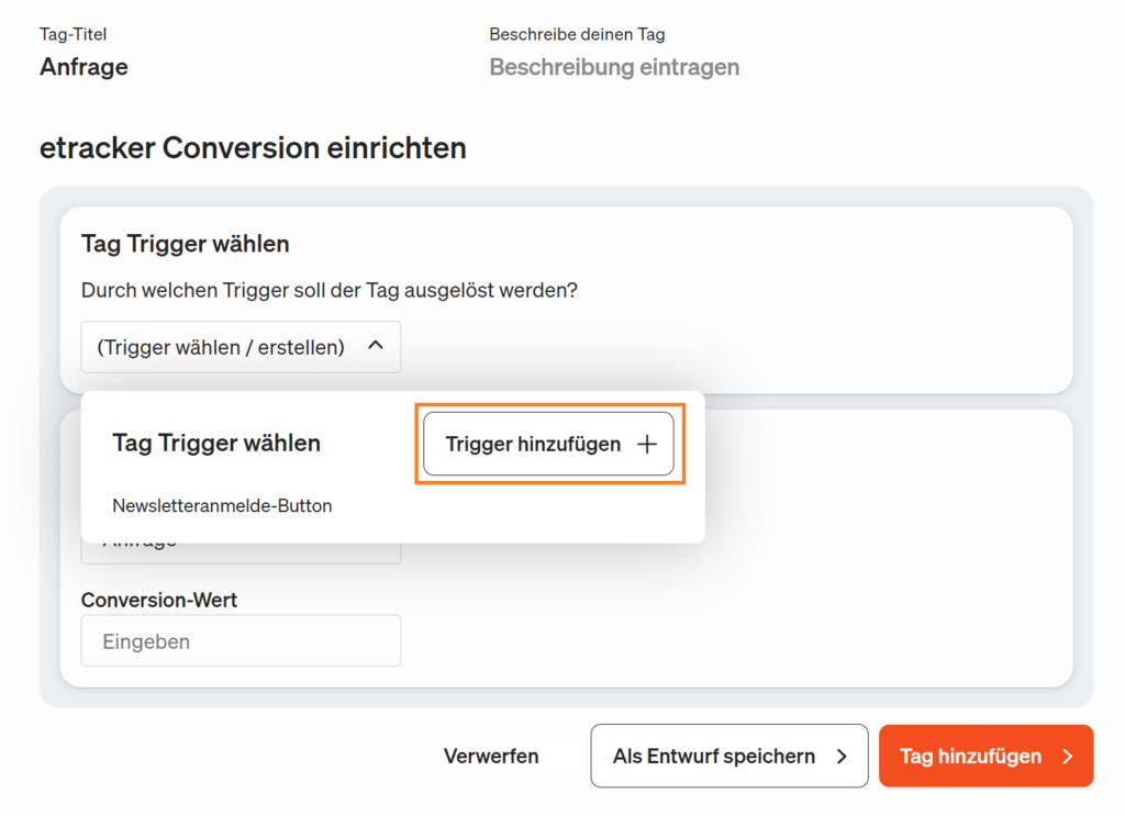 etracker tag manager Trigger hinzufügen