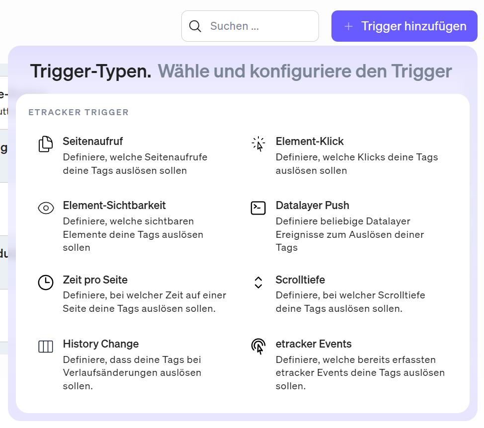 The triggers for tags from etracker and third-party providers have been expanded.