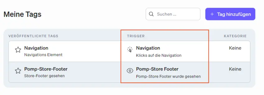 Triggers are displayed on the overview page