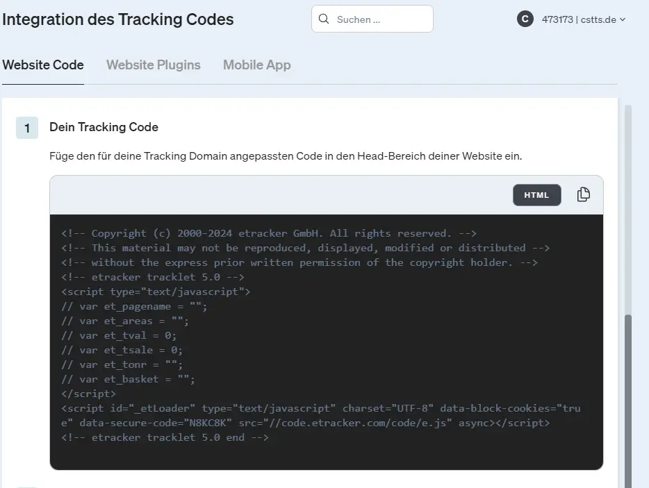 Redesign of the settings page for the tracking code in etracker analytics