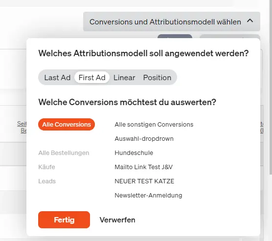 Conversion- und Attributionsmodell-Auswahl direkt im Report finden