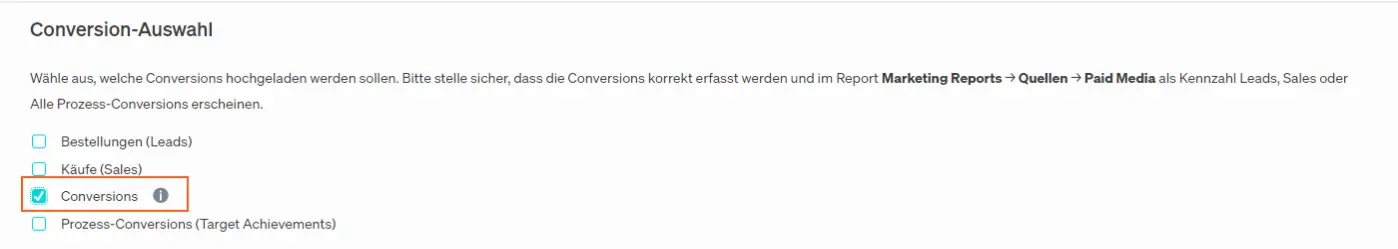 Conversions can now also be selected in the conversion upload