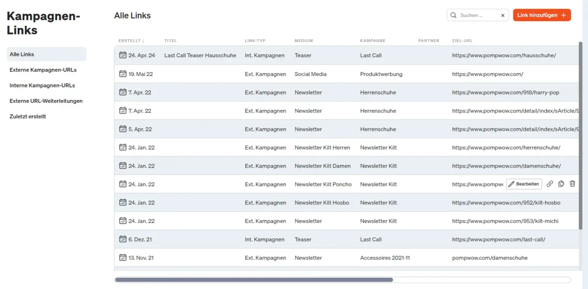 Customized campaign link overview in etracker analytics