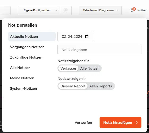 Eigene Notizen können über den Button Notiz hinzufügen hinzugefügt werden