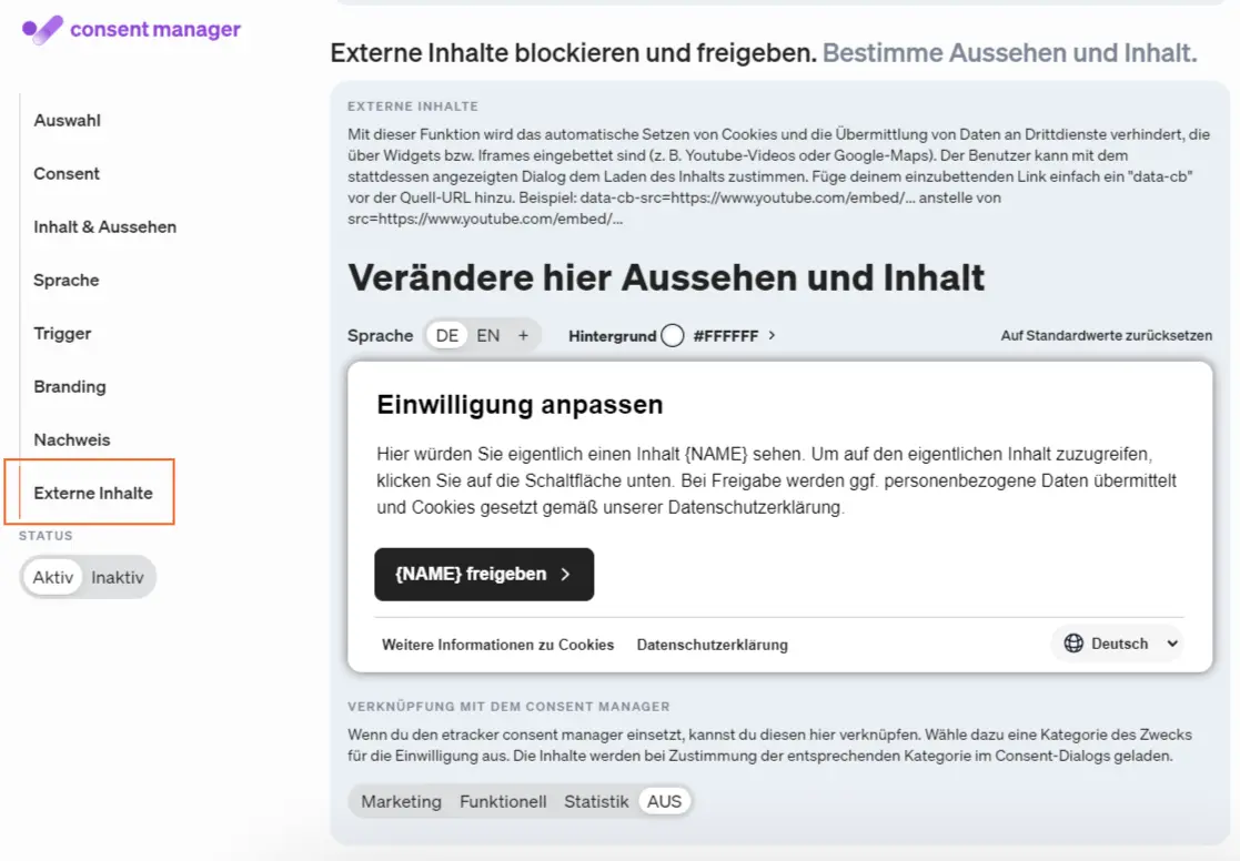 Externe Inhalte über den etracker consent manager blockieren und freigeben