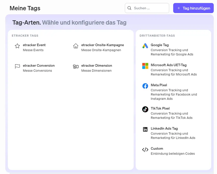 etracker tag manager neuer Hinzufügen-Dialog