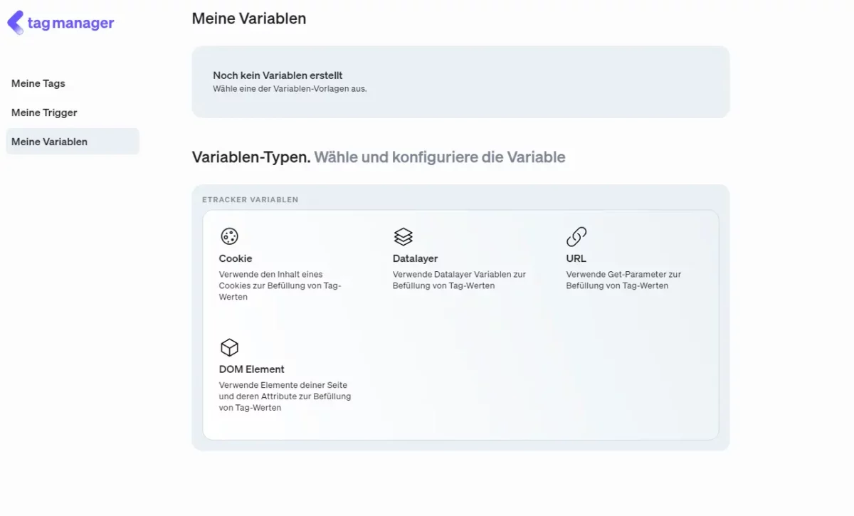 Select and configure your variables in the etracker tag manager