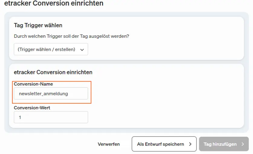 Der Name der Conversion-Aktion in Google muss exakt dem Namen entsprechen, der in der Anlage der Conversion vergeben wurde