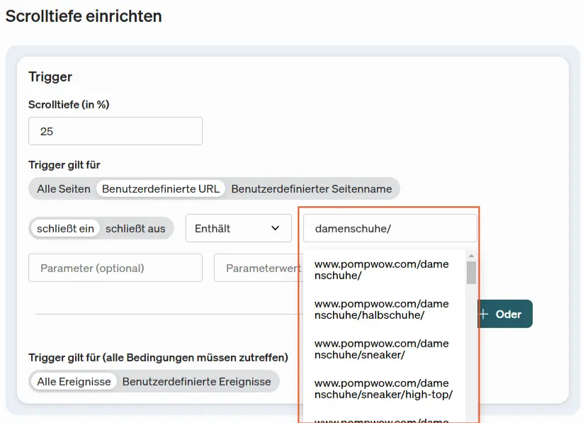 Im etracker tag manager werden dir Vorschläge angezeigt, wenn dur einen Trigger auf URL oder Seitenname einschränkst