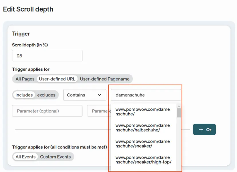 In the etracker tag manager, suggestions are displayed when you restrict a trigger to a URL or page name