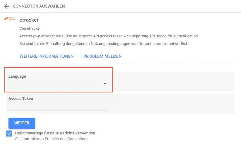 A language switch has been added to the configuration for the Looker Studio Connector from etracker