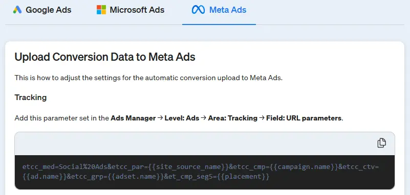 Click on Meta Ads to go to the configuration of the meta conversion upload