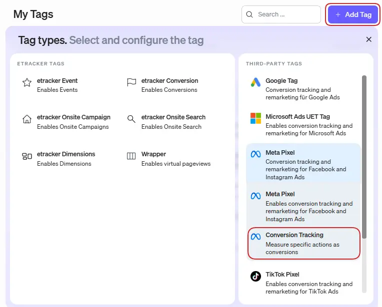 Here you set up the meta conversion tag in the etracker tag manager