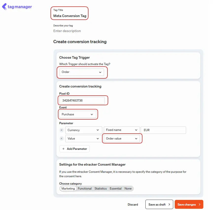 Here you configure the meta conversion tag in the etracker tag manager