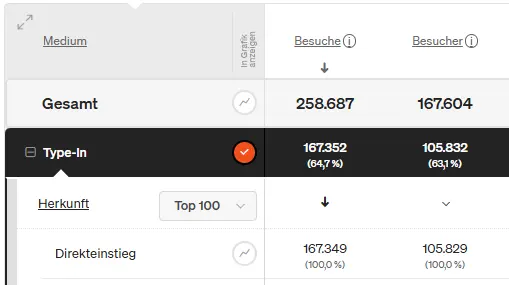 Screenshot etracker analytics Report mit hoher Anzahl Type-Ins