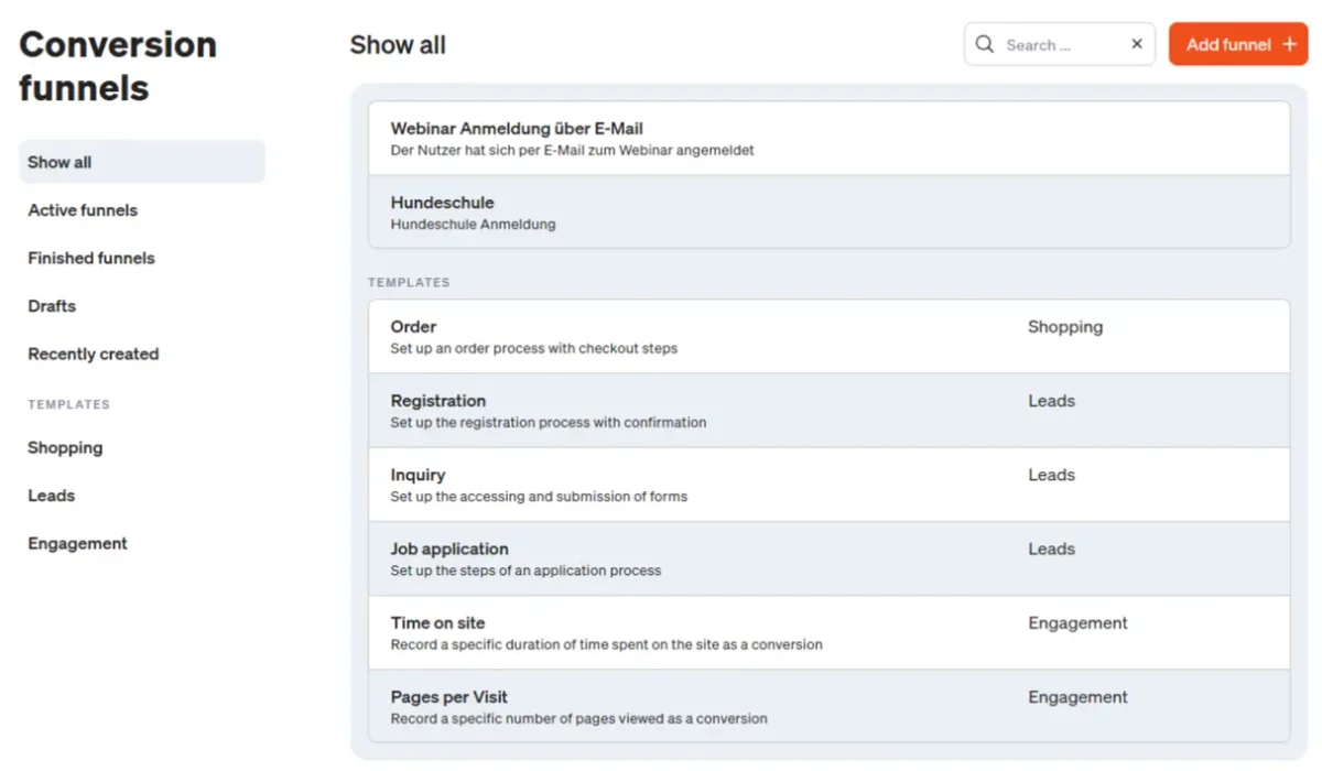 Screenshot of the new list view of conversion processes in etracker analytics