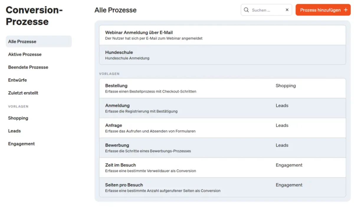 Screenshot der neuen Listeansicht von Conversion Prozessen in etracker analytics