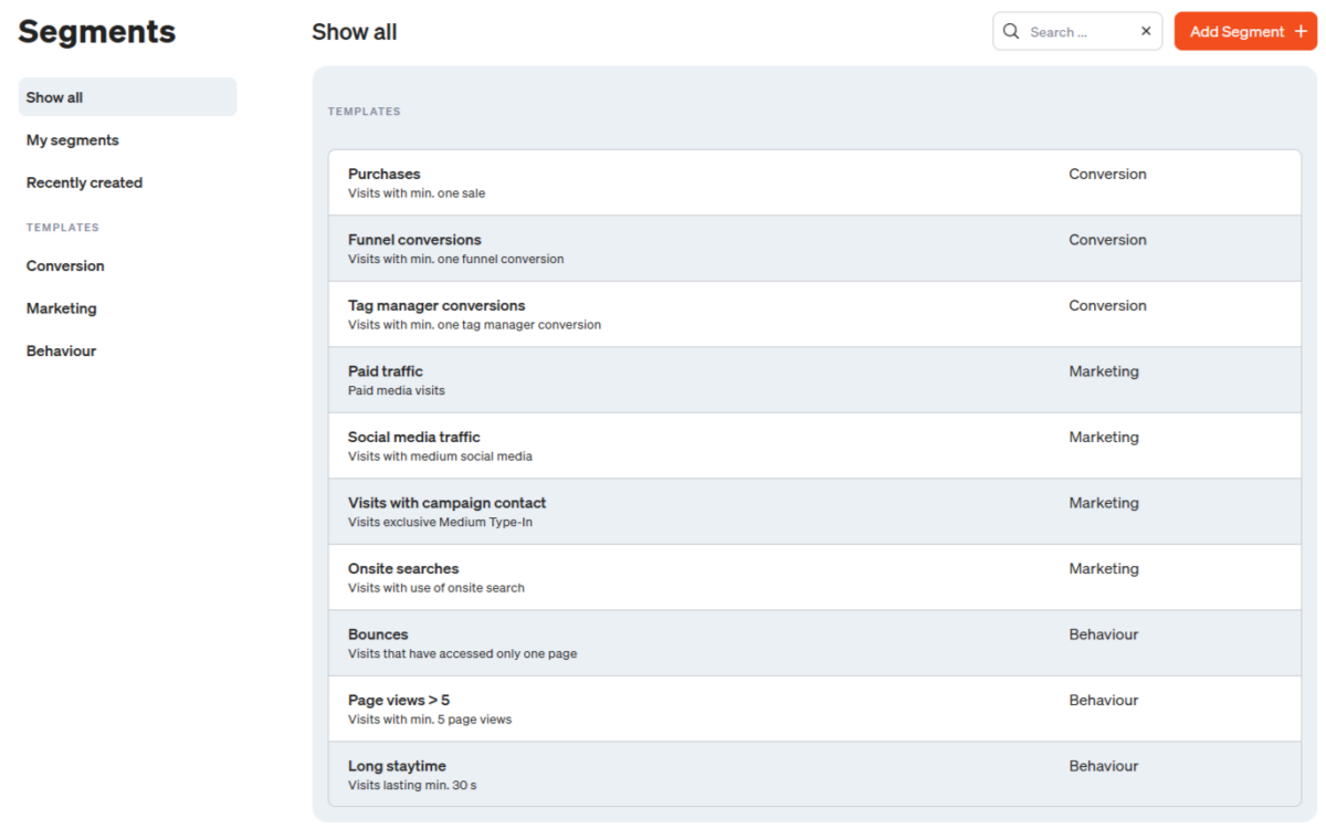 Screenshot of the new list view of segments in etracker analytics